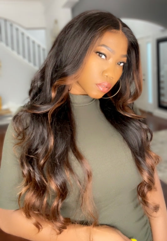 20" glue less wig with honey brown highlights